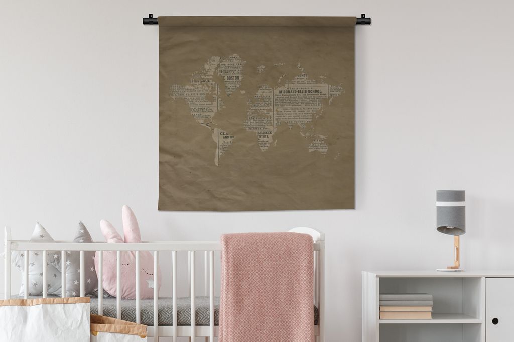 MuchoWow Wandteppich Wandbehang Weltkarte - Braun - Zeitung 90x90 cm Tapisserie Dekoration Wandtuch - Wandaufhänger