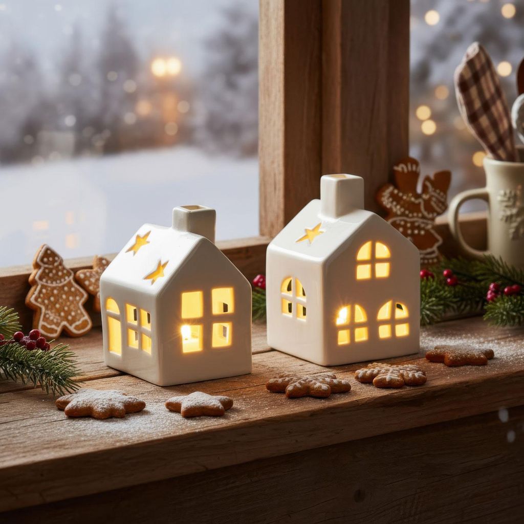 2er Set LED Haus Weiß Porzellan Lichthaus Tischdeko Skandi Design Lichtdeko Scandi Weihnachten Deko Lichterhaus