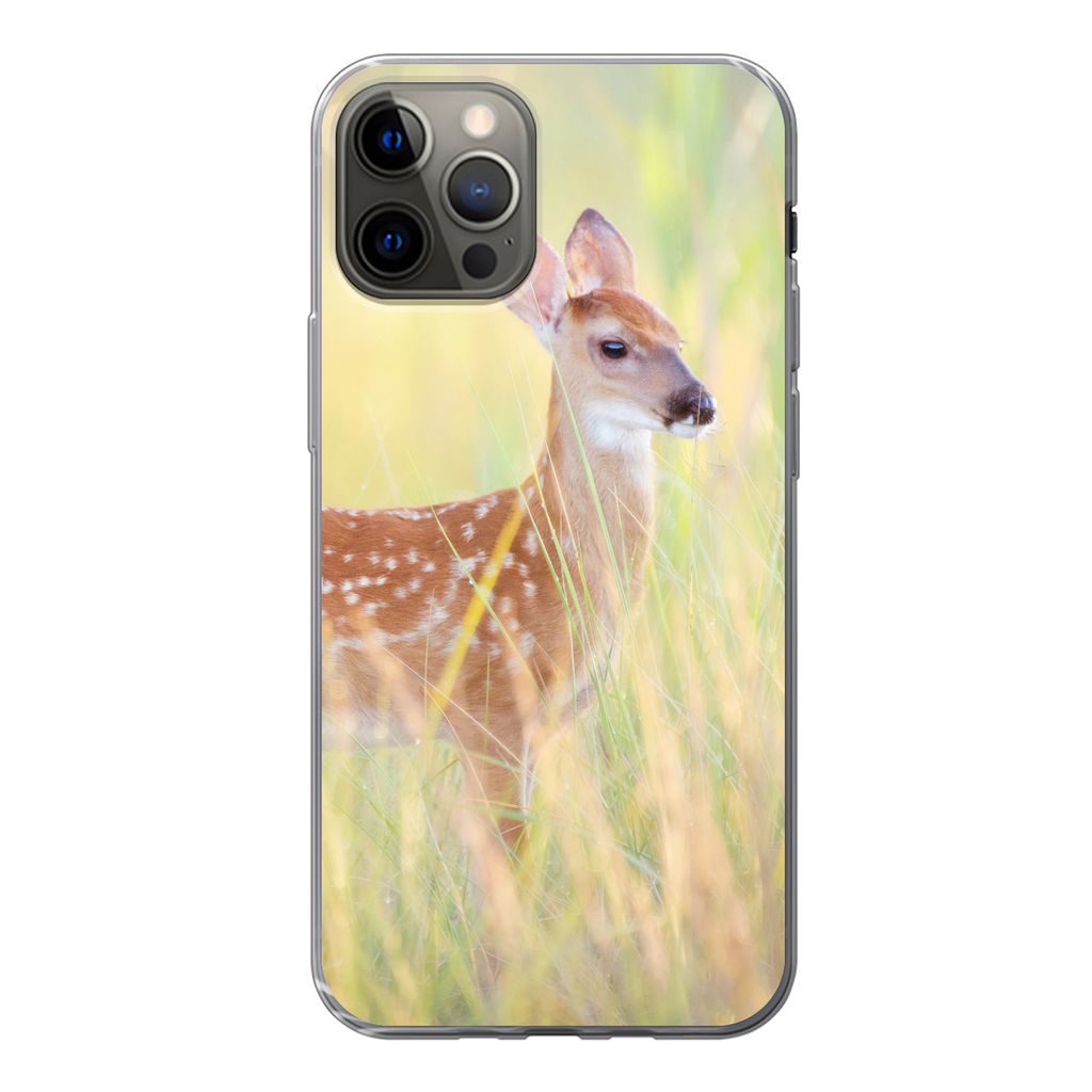 MuchoWow Handyhülle Schutzhülle Hülle für iPhone 13 Pro Hirsche - Gras - Grün Silikon Softcase Handy Hülle - Handy-Tasche