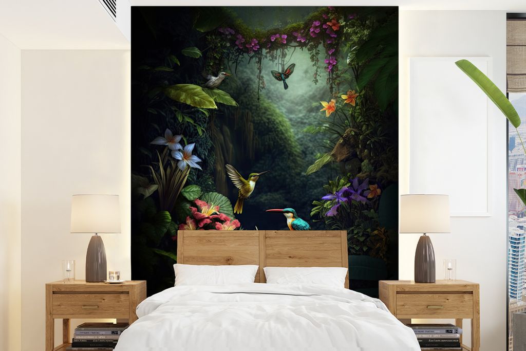 MuchoWow Fototapete für Wohnzimmer oder Schlafzimmer Wandtapete Vinyl Motivtapete Blumen - Pflanzen - Dschungel - Vögel - 160x220 cm - Bildschi...