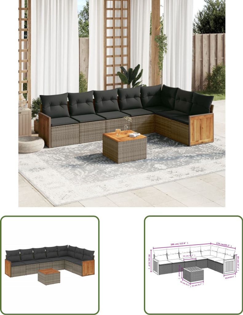 The Living Store 8-tlg. Garten-Sofagarnitur mit Kissen Grau Poly Rattan