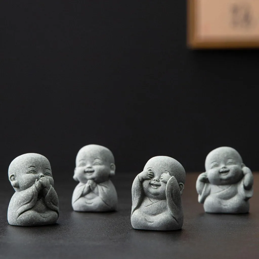 4 mini Bouddhas rieurs en grès, statuettes Feng Shui haute qualité
