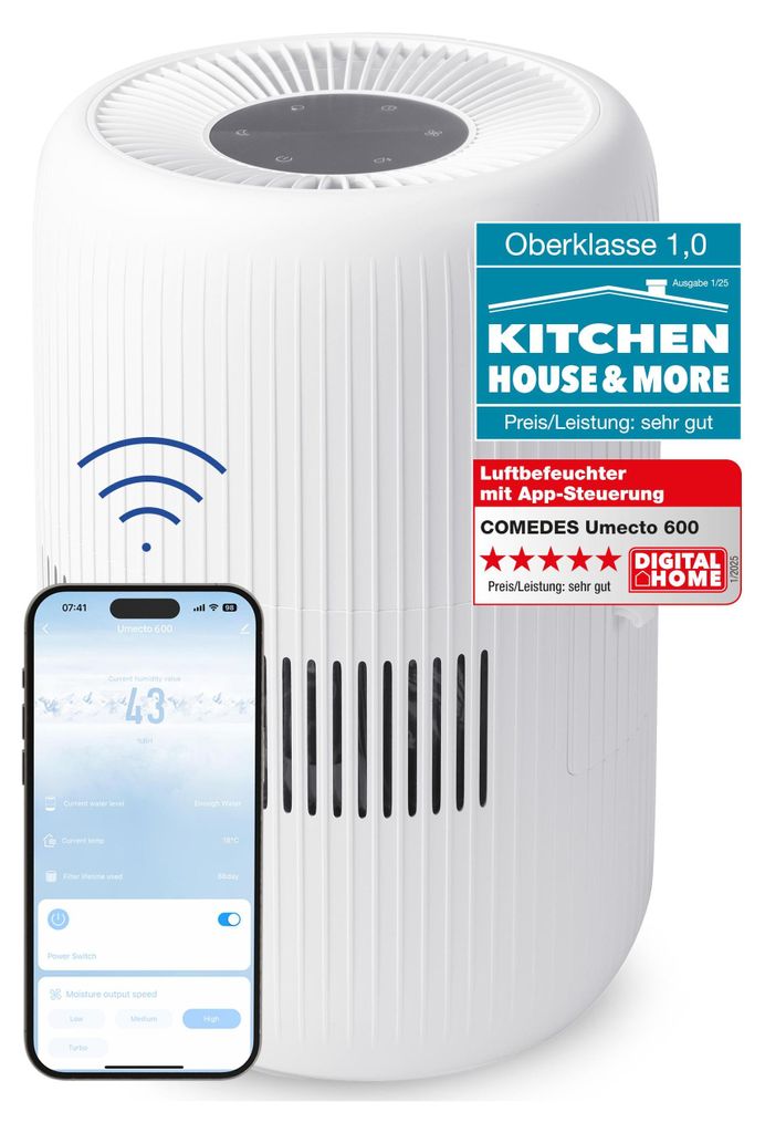 A white air purifier with a smartphone displaying its app interface next to it, along with marketing labels and awards.