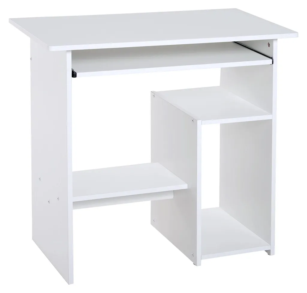 Bureau blanc 80 cm avec rangement intégré et support moniteur ergonomique