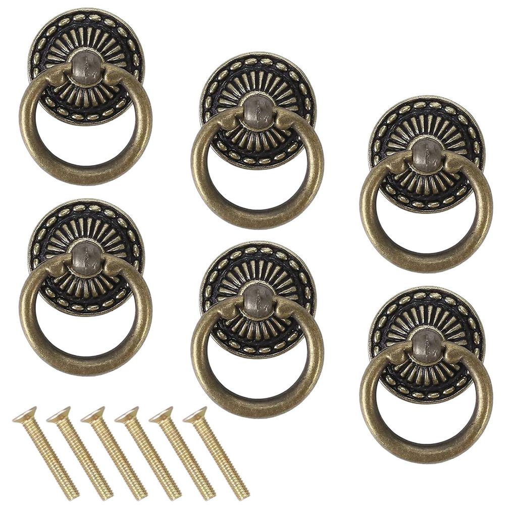 6 antike, ringförmige Schubladengriffe aus Messing, antike Türknöpfe, Zinklegierung, runde Schrankknöpfe, Kommodenknöpfe, Schubladengriffe, T...