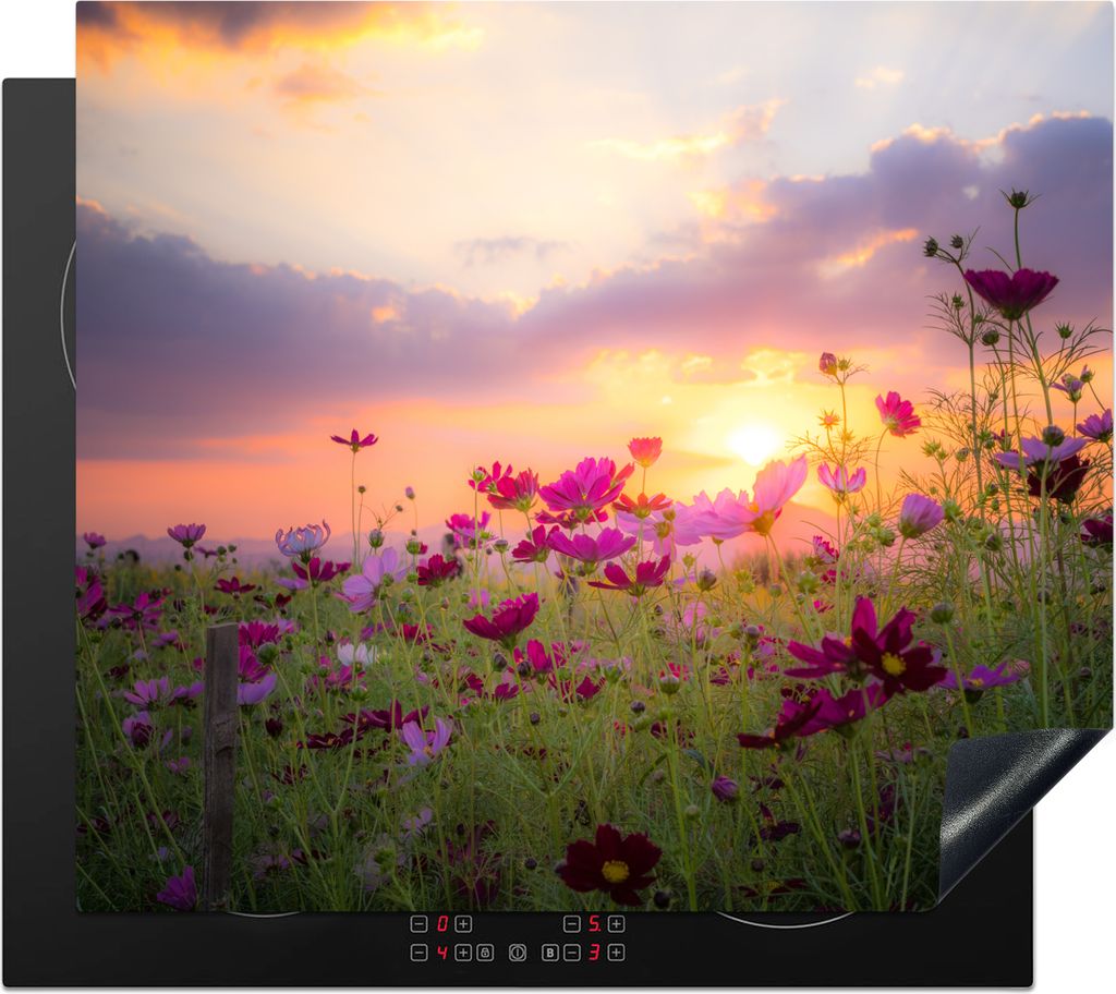 KitchenYeah Herdabdeckplatte Sonnenuntergang - Blumen - Rosa - Natur - Grün , 57x51cm, Küche Deko, Glaskeramikkochfeld Herdabdeckung, Abdeckpla...