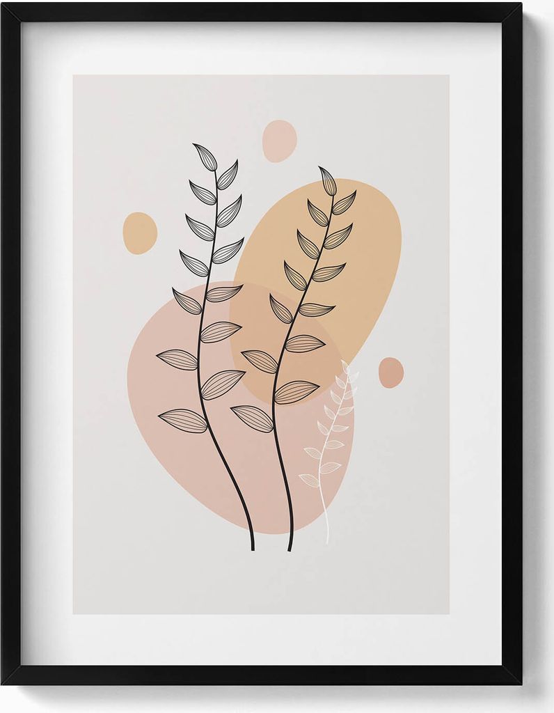 Abstrakte Boho-Pflanzen– Wandbild mit Rahmen – Gerahmtes Bild – Wanddekoration – 60x80 cm – Schwarz Rahmen
