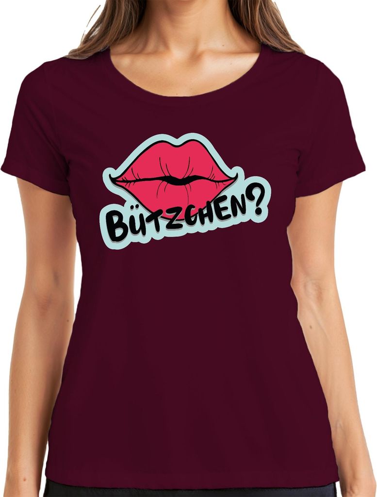 Bützchen Kuss Lippen Pop Art Karneval Geschenk Frech Retro Damen T-Shirt, Burgundy, XL