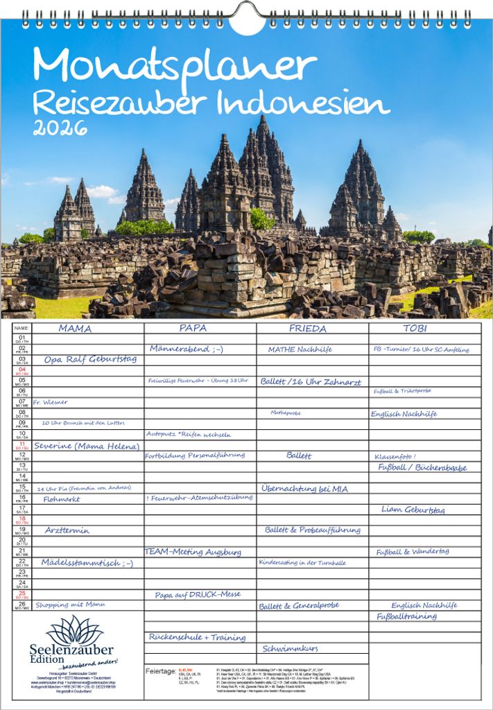 Reisezauber Indonesien Planer Familienplaner 4 Spaltenplaner DIN A3 Kalender für 2026 Jakarta Stadt Land Urlaub Strand - Seelenzauber