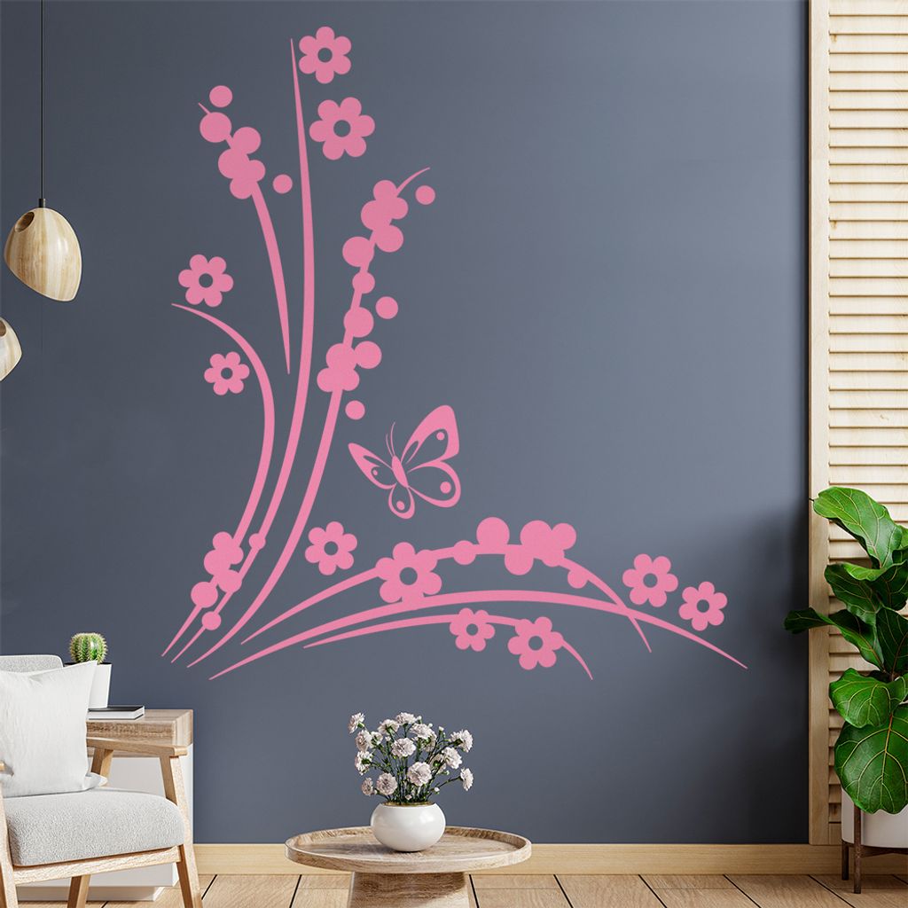 Blüten - Beeren - Schmetterling Wandtattoo in 6 Größen - Wandaufkleber Wall Sticker - Dekoration, Küche, Wohnzimmer, Schlafzimmer, Badezimmer