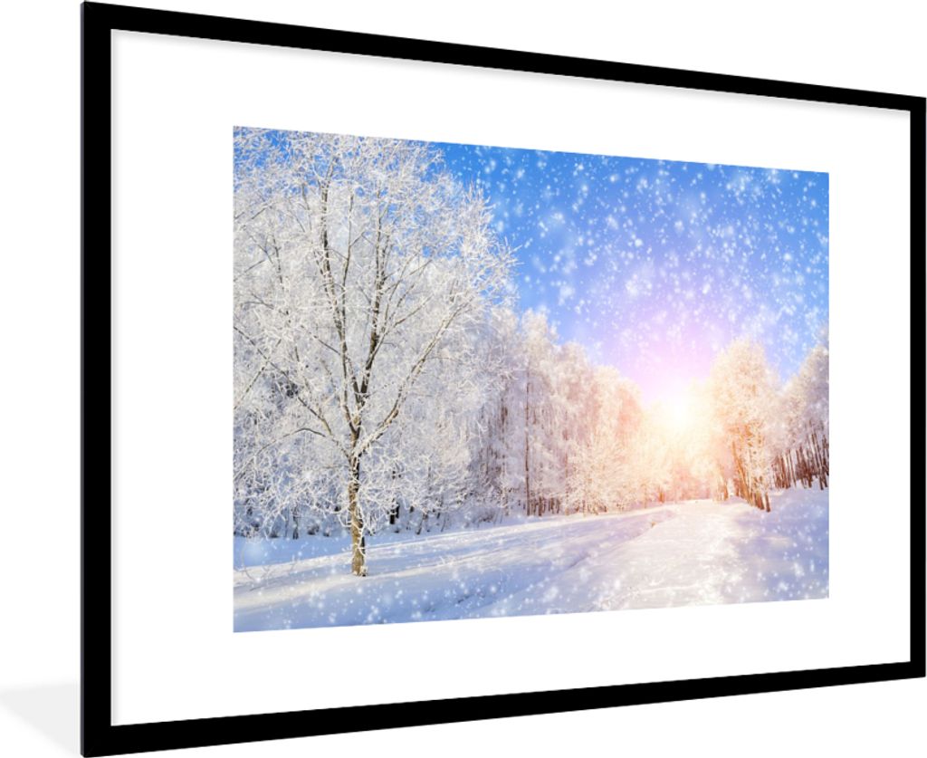 MuchoWow Gerahmtes Poster Schnee - Sonne - Winter 90x60 cm - Poster mit Schwarzem Bilderrahmen Wandposter Rahmen Foto Bilder - Wanddekoration - F...