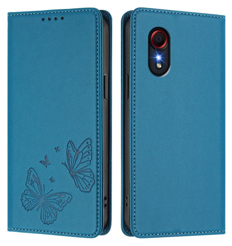 Lederhülle für Samsung Galaxy Xcover5, Schmetterling Prägung Leder Brieftasche Schutzhülle mit Ständer Blau