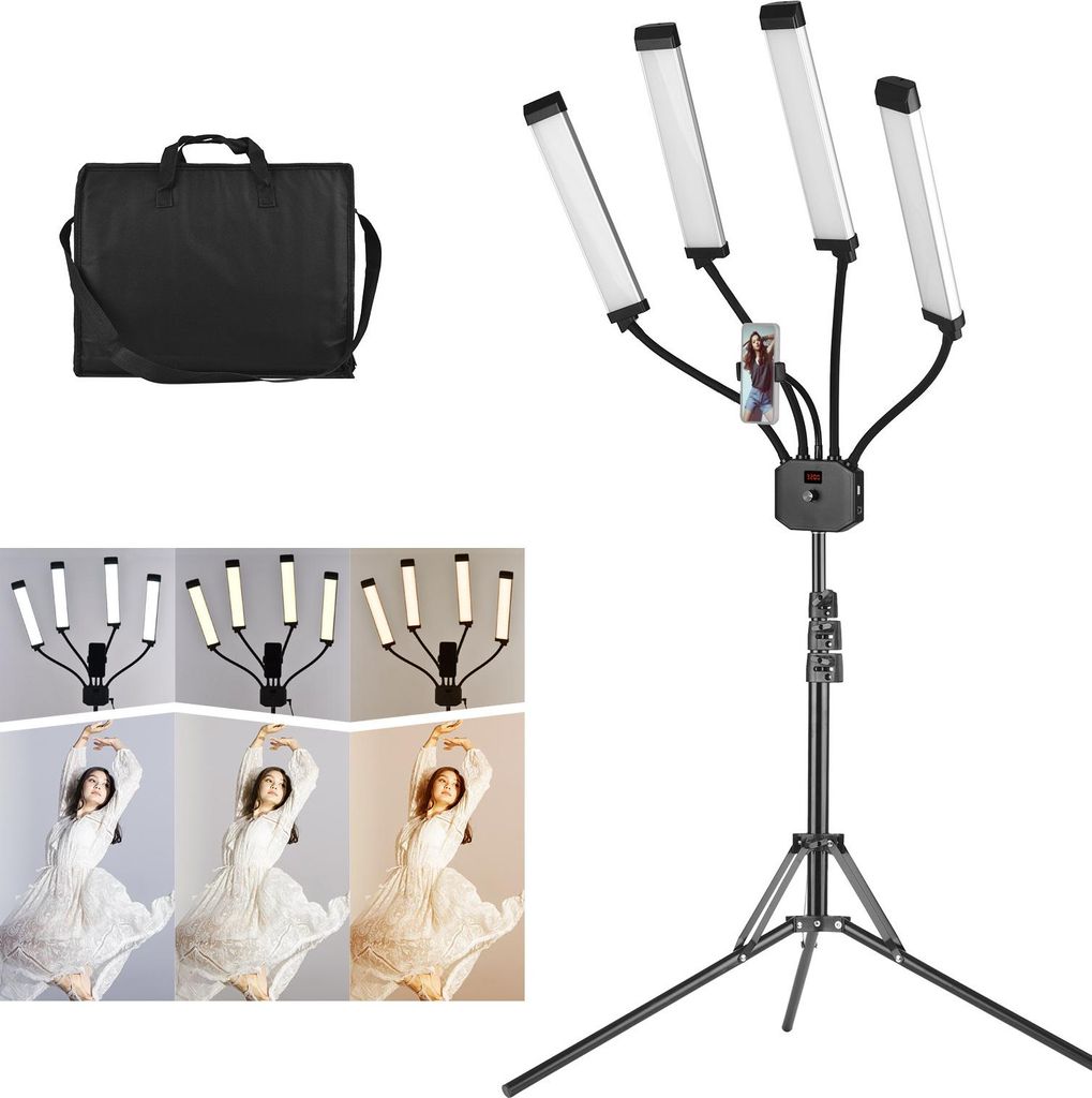 Flexible 4-armige LED-Videoleuchte Fotografie Fuelllicht 3200K-5600K dimmbar mit Telefonhalter + 1,6 m/63 Zoll Metall-Leuchtstativ + Tragetasche fu...