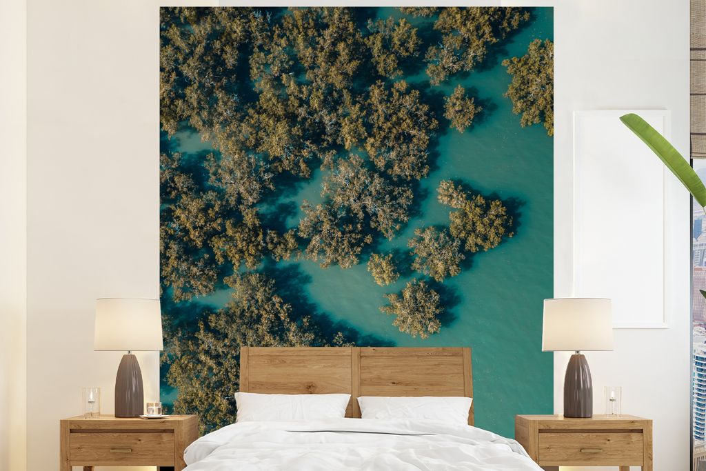 MuchoWow Fototapete für Wohnzimmer oder Schlafzimmer Wandtapete Vinyl Motivtapete Mangroven in klarem Wasser in Australien aus der Vogelperspekt...