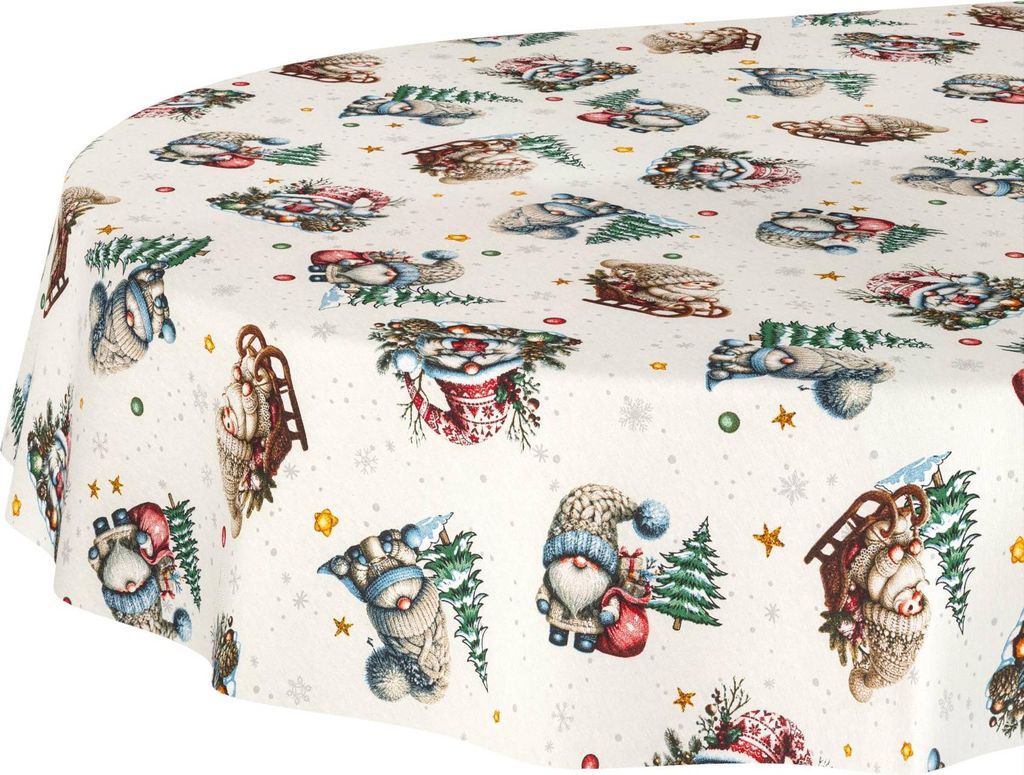Tischdecke Weihnachten Weihnachtsmann Grün Oval 220x140cm Schnittkante Wasserabweisend abwaschbar