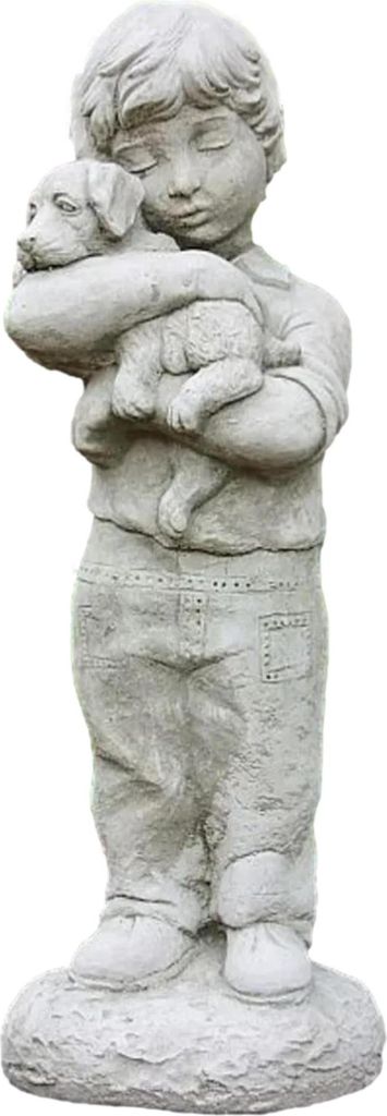 Schöne Steinfigur Sam für den Garten, Junge mit Hundewelpe Produktbild 