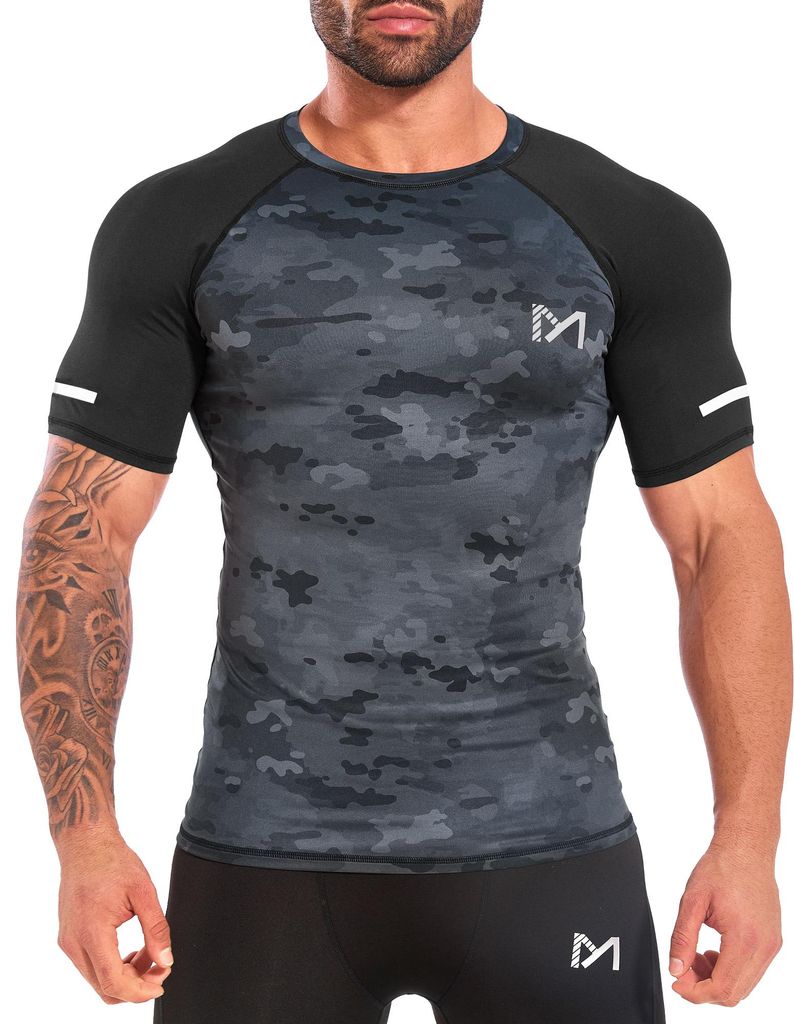 Funktionsshirt Herren Kurzarm Kompressionsshirt Männer Laufshirt Sportshirt mit Rundhalsausschnitt Fitness-Schwarzer Reis Farbe-L