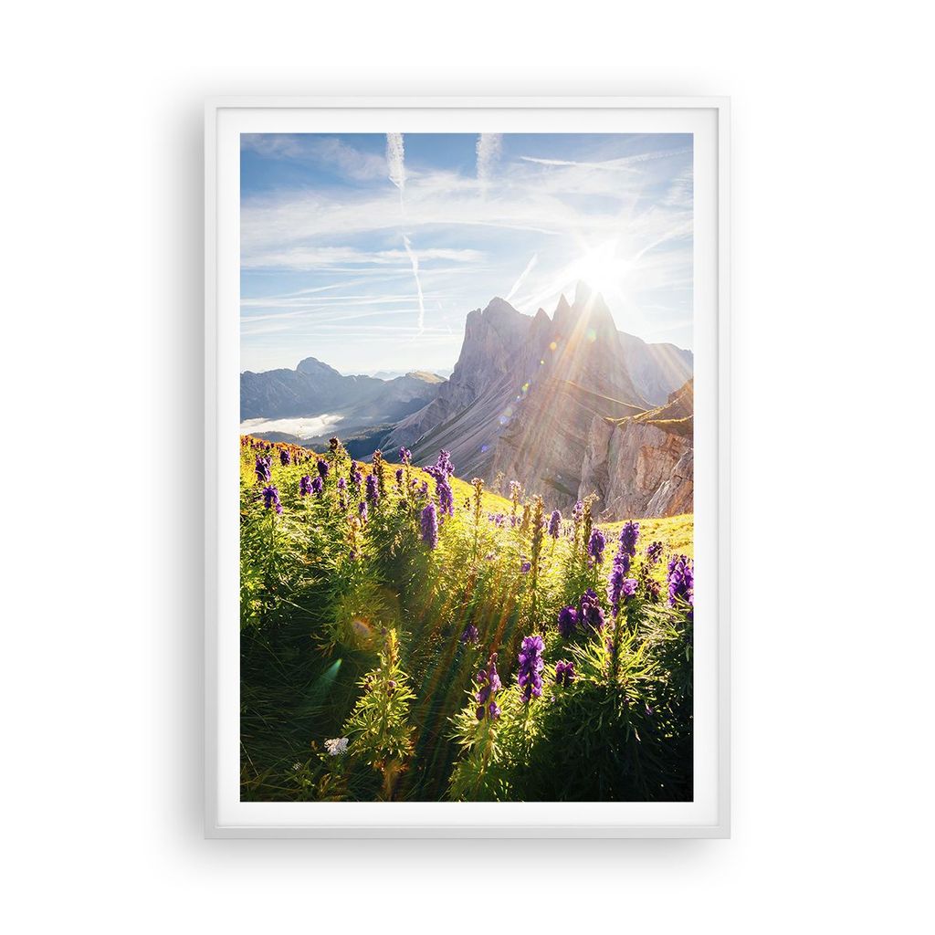 Gerahmtes Poster - Weißer Rahmen - Berge Wiese Blumen - 70x100 cm - Wand Bild - Wanddeko - Wandbilder - Kunstposter - Wandposter - Bilderrahmen - ...