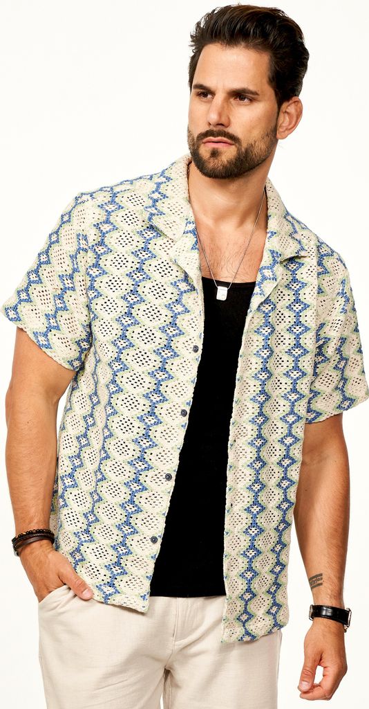 SOULSTAR Herren Kurzarmhemd Gemustert - Freizeithemd als Kurzam Strick Festival Hemd Herren Strick Polo-Hemd T-Shirt im Regular-Fit Overshirt