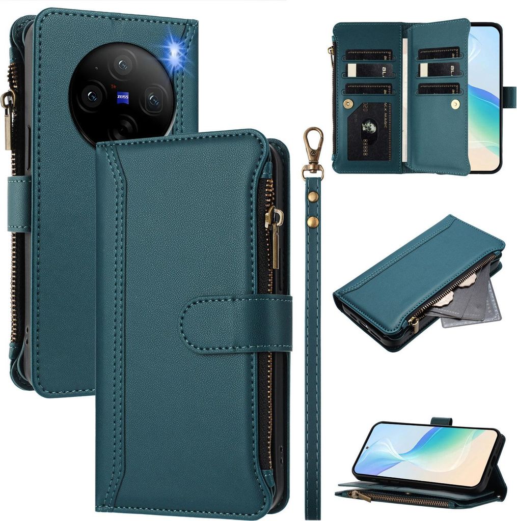 Handyhülle für Vivo X100 Pro/X100s Pro Reißverschluss Geldbörse Kunstleder Klapphülle mit Kartensteckplatz, Ständer, Handschlaufe Grün