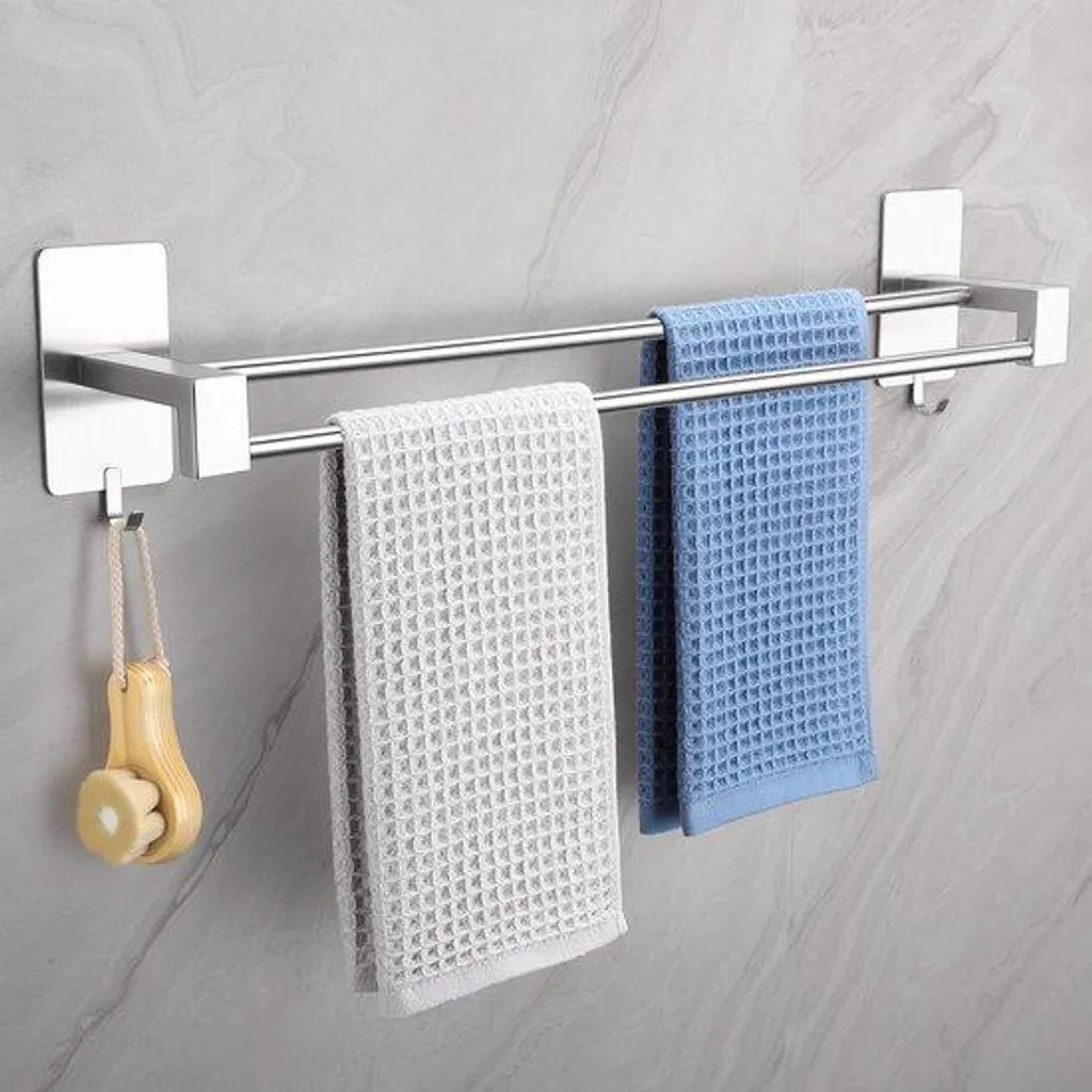 Double barre de serviette murale 64 cm en acier inoxydable coloris argent