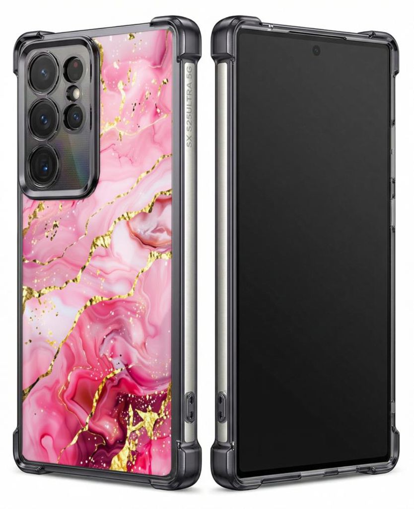 Personalisierte Hülle mit Bild für Samsung Galaxy S25 Edge Elektroplattiert TPU Stoßdämpfer Handyhülle mit Rosa Marmor mit goldenen Adern