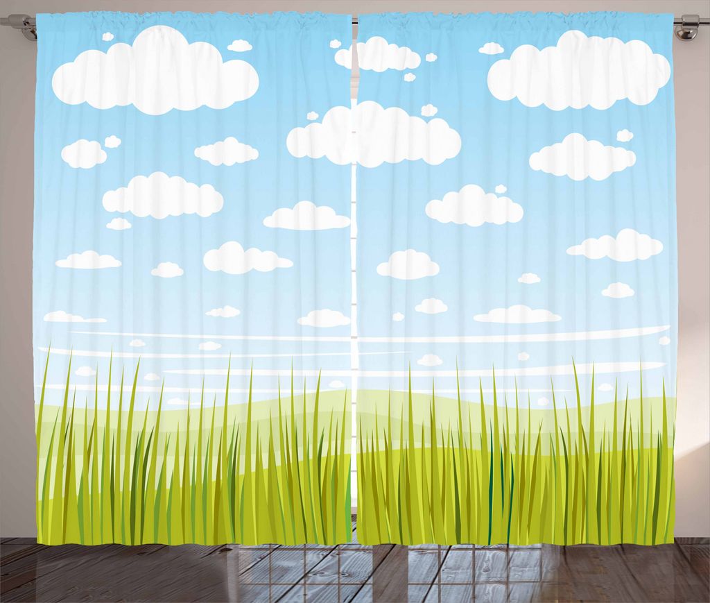 ABAKUHAUS Gras Rustikaler Gardine, Gras und Wolken Landschaft, Schlafzimmer Kräuselband Vorhang mit Schlaufen und Haken, 280 x 175 cm, Hellblau un...