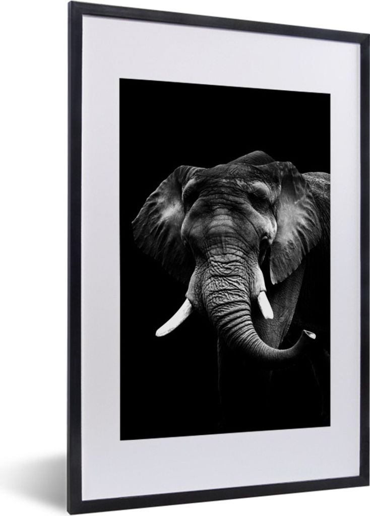 MuchoWow Gerahmtes Poster Elefant vor schwarzem Hintergrund - schwarz und weiß 40x60 cm - Poster mit Schwarzem Bilderrahmen Wandposter Rahmen Fo...