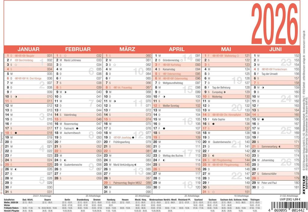 Zettler Arbeitstagekalender A5 2026 - Bürokalender 21 × 15 cm, 6 Monate pro Seite, Arbeitstage-, Tages- & Wochenzähler, Ferienübersicht, Feiert...