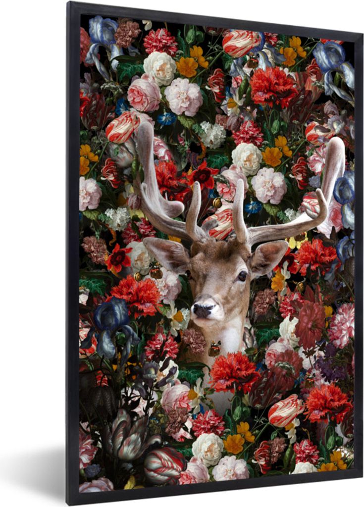 MuchoWow® MuchoWow® Gerahmtes Poster Hirsche - Blumen - Produktbild 