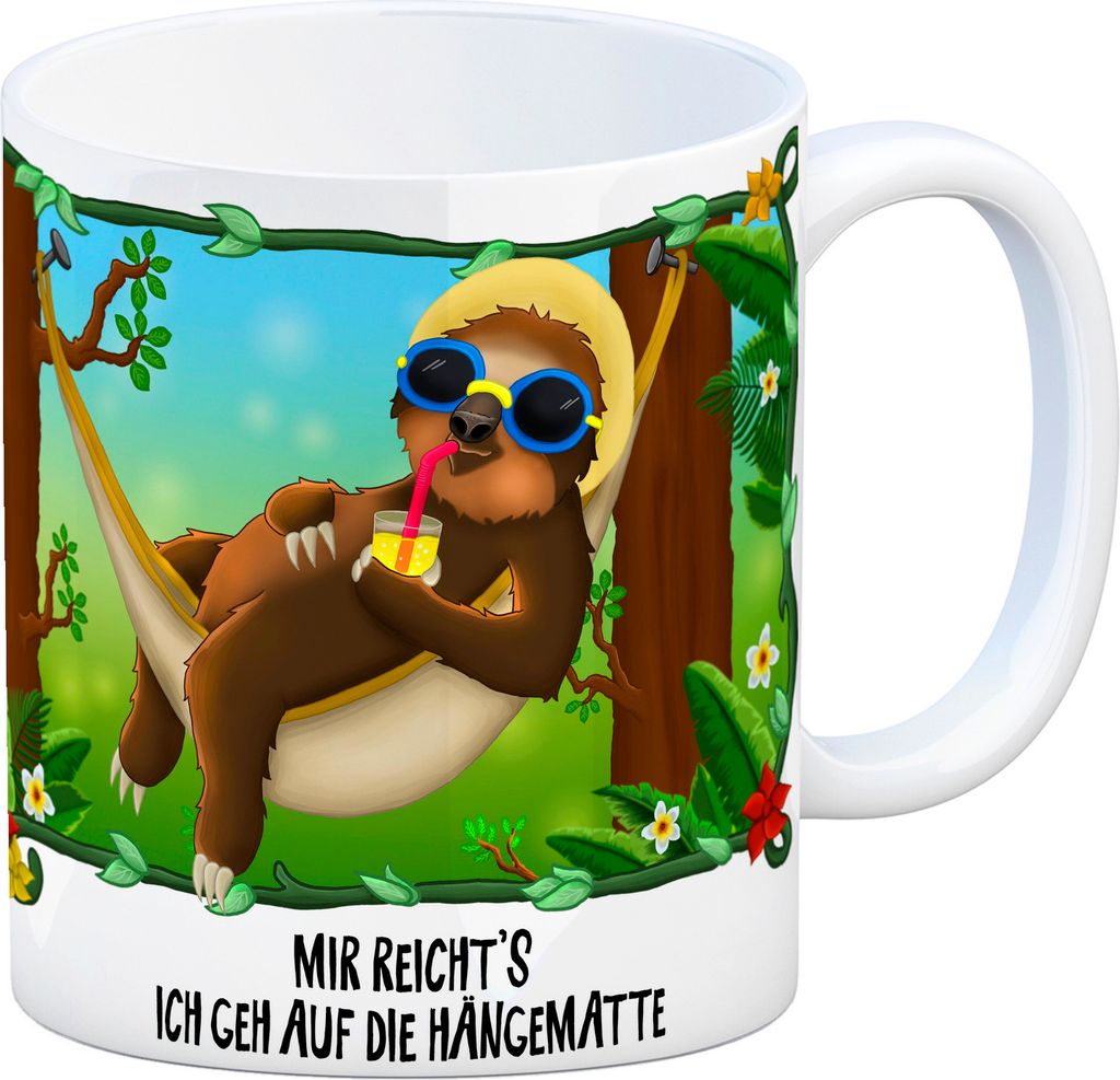 Kaffeebecher mit Faultier in Hängematte Motiv und Spruch: Mir reicht's ich geh