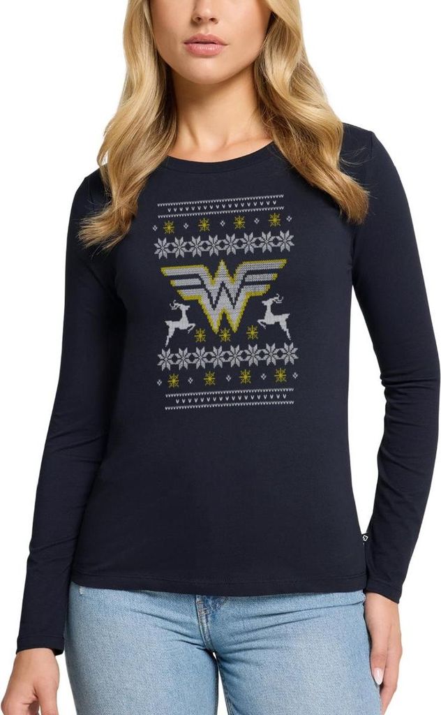 Spreadshirt DC Comics Wonder Woman Weihnachten Ugly Sweater Premium Langarmshirt Damen, XXL, Navy