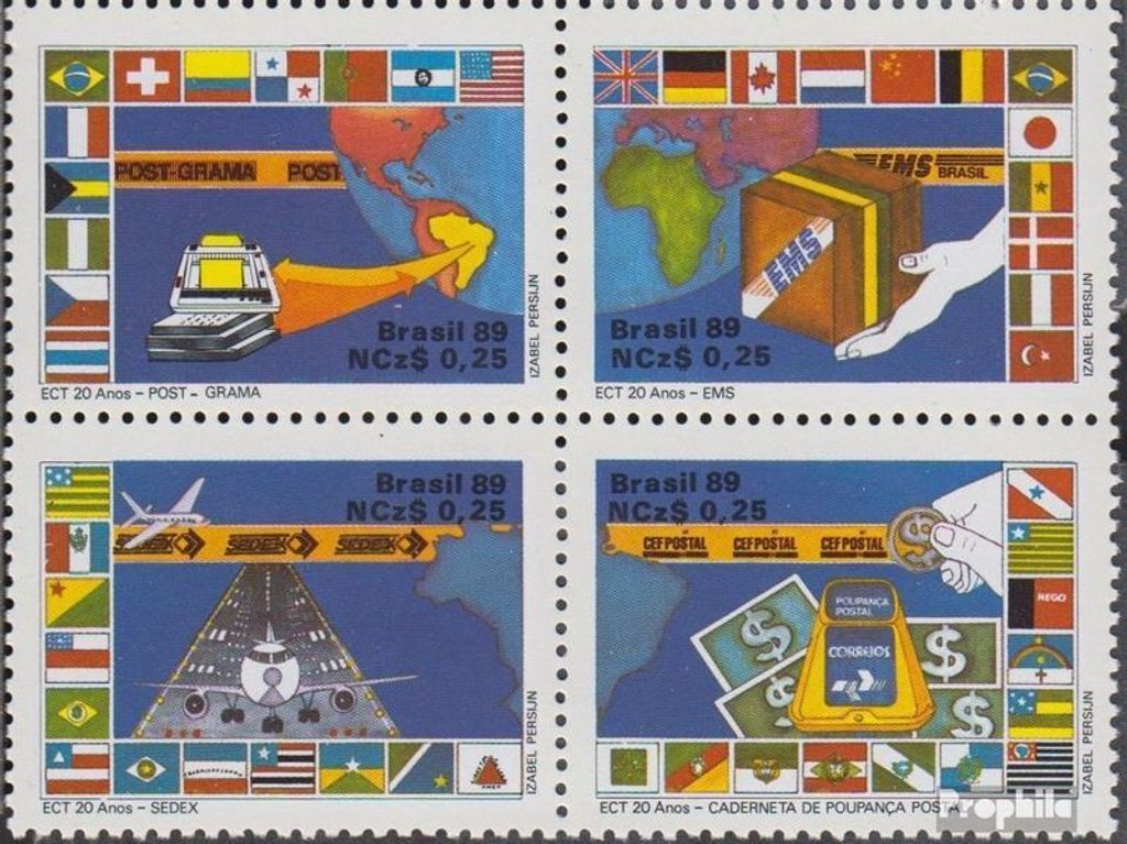 Briefmarken Brasilien 1989 Mi 2289-2292 Viererblock (kompl.Ausg.) postfrisch Postsonderdienste