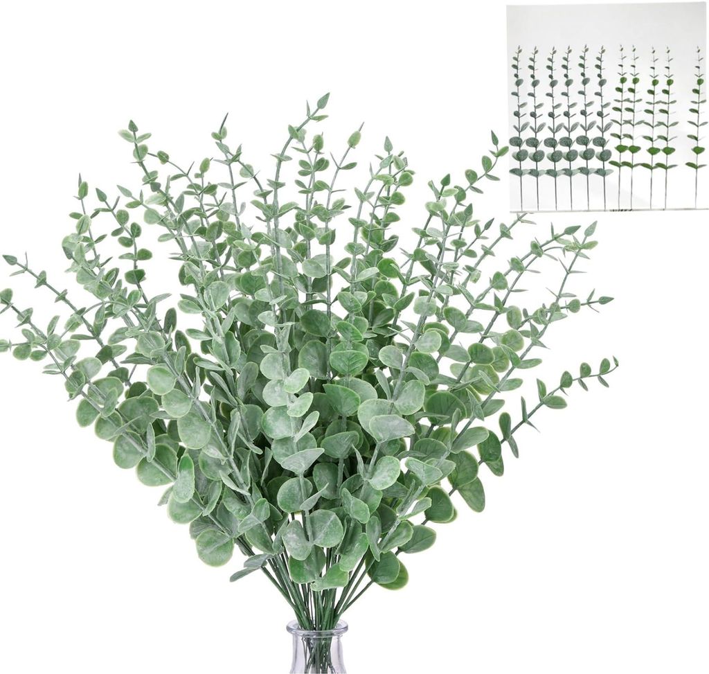 Künstliche Eukalyptuspflanzen (24 Stück) für Hochzeiten, Partys, Zuhause, Tischdekoration und Blumenarrangements in zwei Ausführungen.