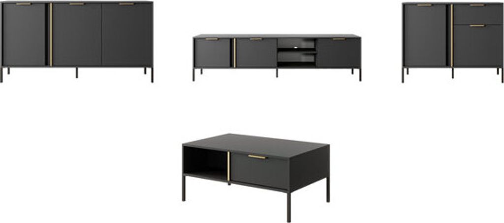 Wohnzimmer-Set Lars Wohnwand Couchtisch anthrazit gold