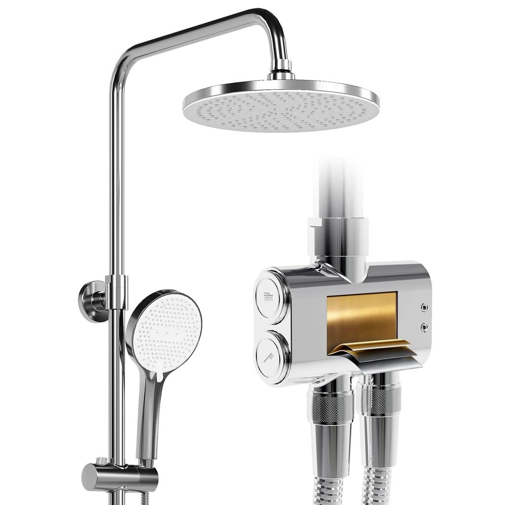 HOROW Duschset, 5 Modi Strahlarten Duschkopf, Regendusche Set Chrom mit Messing Ventilkern, Höhenverstellbar, große 25 cm Kopfbrause Rund