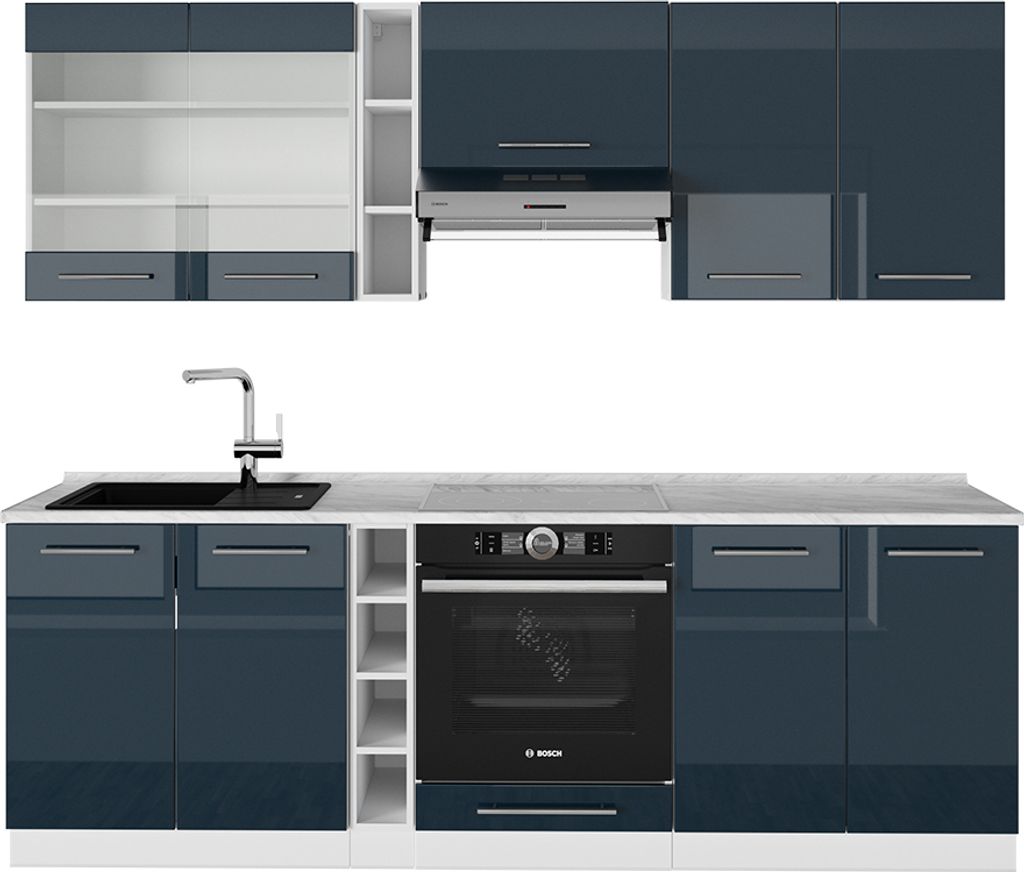 Küchenzeile Vicco Fame-Line Dunkelblau Hochglanz/Weiß 235 cm ohne Arbeitsplatte, Model 49049