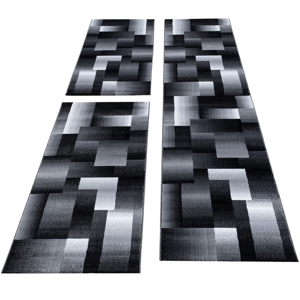 Bettumrandung Läufer Teppich Modern Karo Muster 3 Teilig Schwarz Grau Blau Weiß