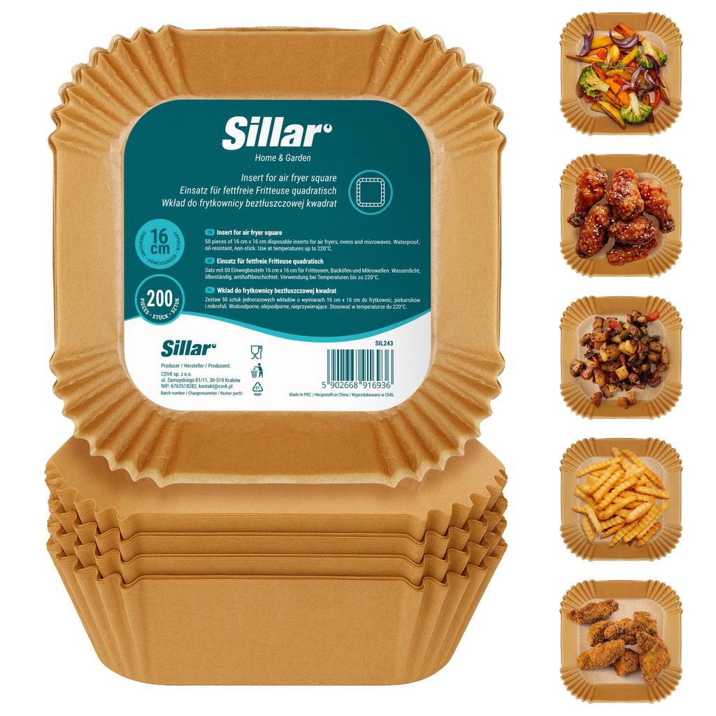 Sillar 200 Stück Quadratische Backpapier 16x16cm für Heißluftfritteuse – Airfryer Papier Antihaft Ölfest Pergament