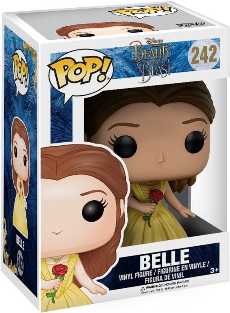 A Funko Pop! vinyl figure of Belle from Disney's Beauty and the Beast, shown in its original packaging.
