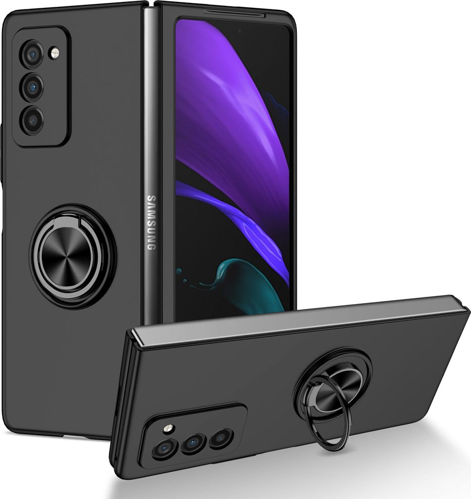 A black protective case for a Samsung Z Fold 2 5G phone, shown in both folded and unfolded states, with a ring holder stand.