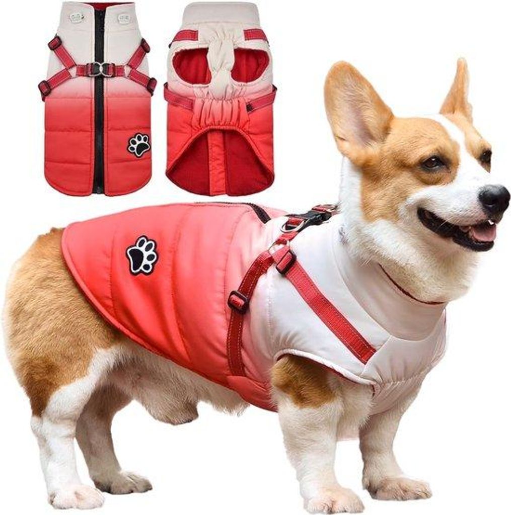 Wasserdichtes Hundewinterpullover Fleece gefüllt, warmes Winterkleid für Hunde, Reflexdesign, Größe M, Rot