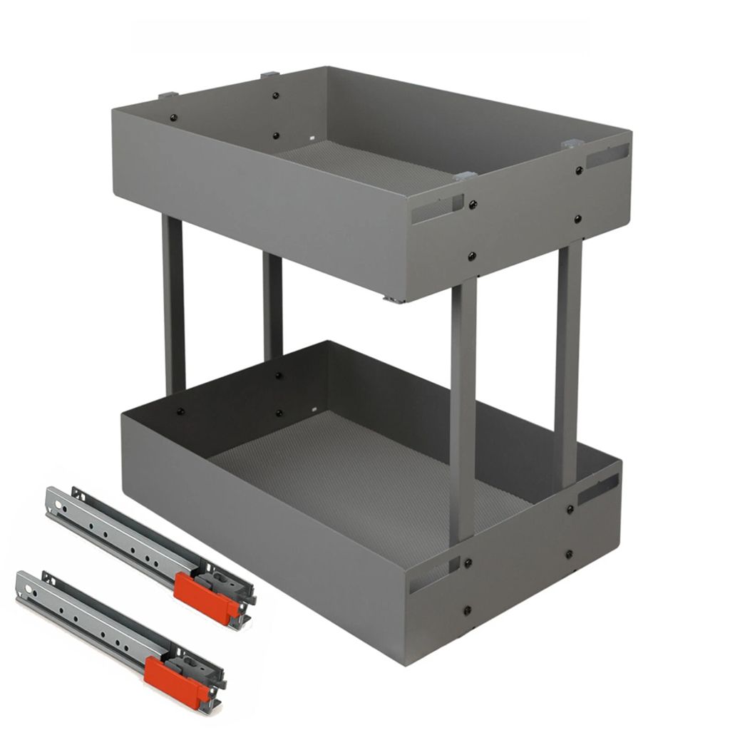A two-tier gray cabinet organizer with two drawer slides in the foreground, set against a white background.