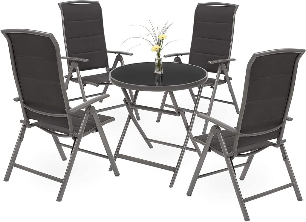 BRUBAKER Garten Sitzgruppe Milano - 1 Glastisch Klapptisch rund 70 cm Ø mit 4 Hochlehner Stühlen - Aluminium - Wetterfest - Silbergrau