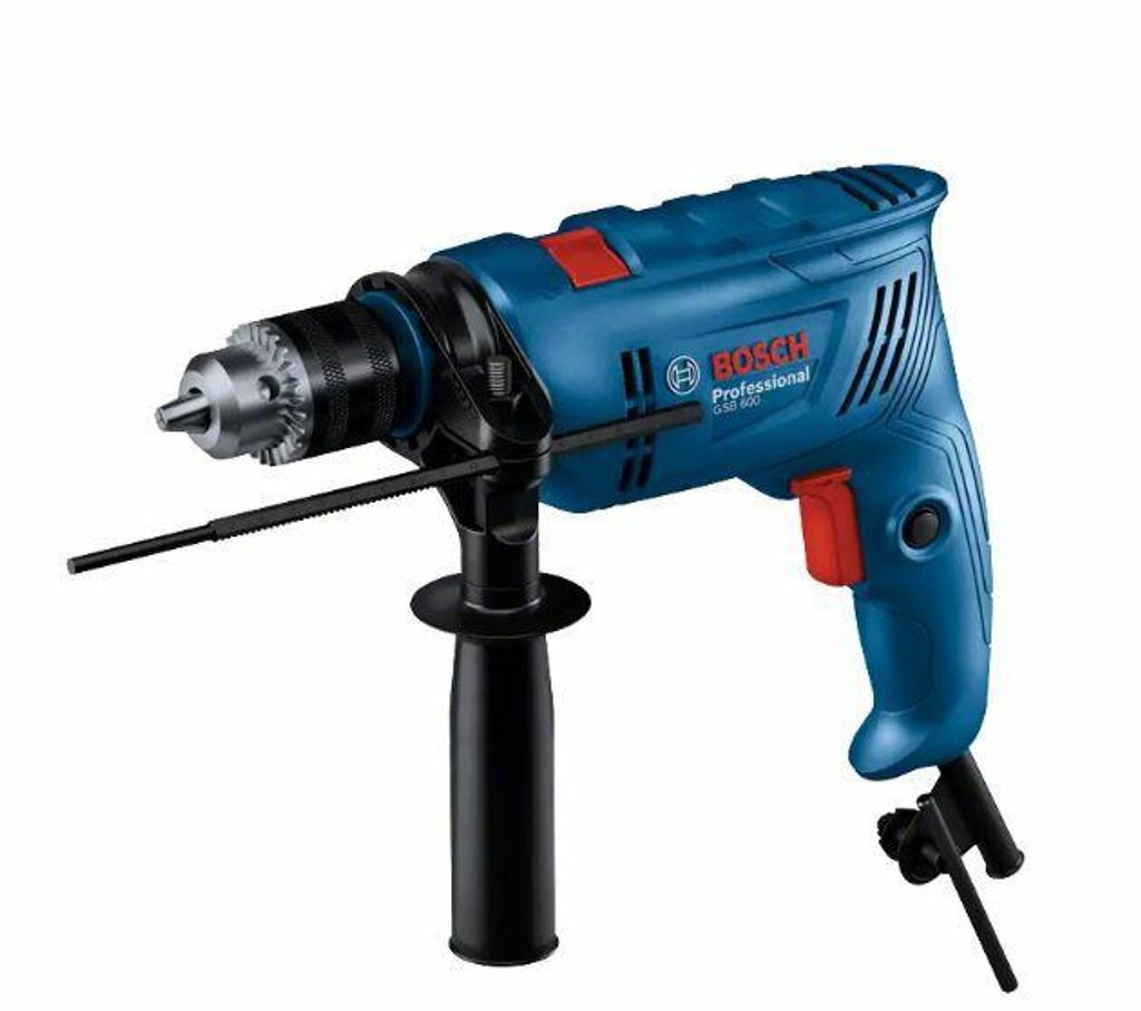 A blue Bosch hammer drill is shown against a white background.