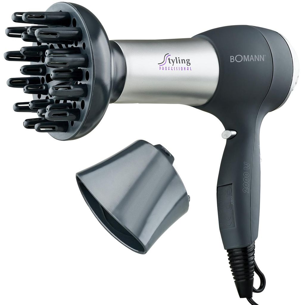 A hair dryer with two attachments is displayed against a white background.