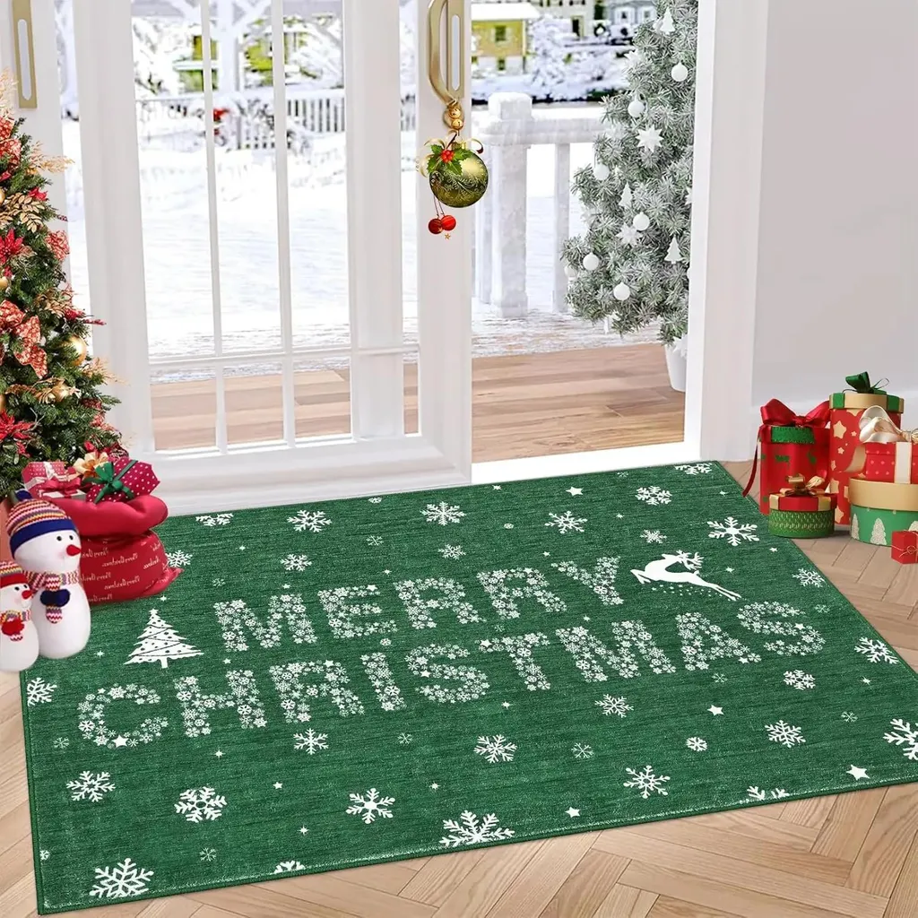 Tapis Vert Doux Antidérapant Flocon de Noël 120cm en Polyester Lavable