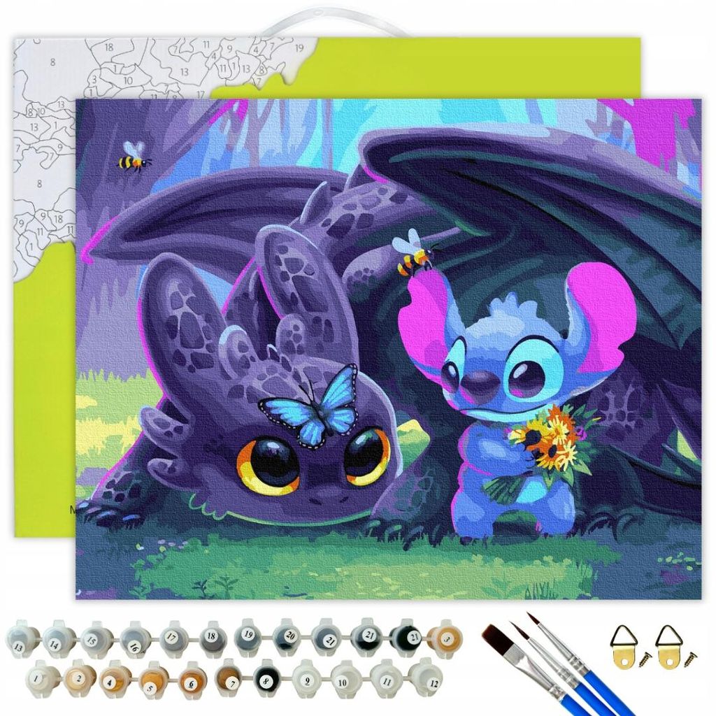 A paint-by-numbers kit featuring Stitch and Toothless from How to Train Your Dragon, with bees and a butterfly.