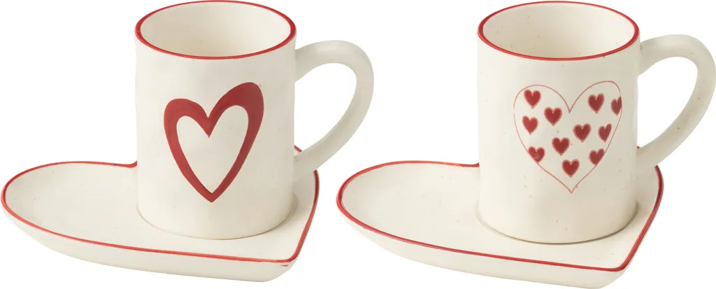 Service à café 2 tasses et soucoupes Coeurs porcelaine blanche et rouge