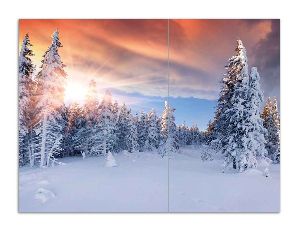Wallario Herdabdeckplatte aus Glas, Größe 70 x 52 cm 2-teilig, Motiv Sonnenaufgang über einen Winterwald